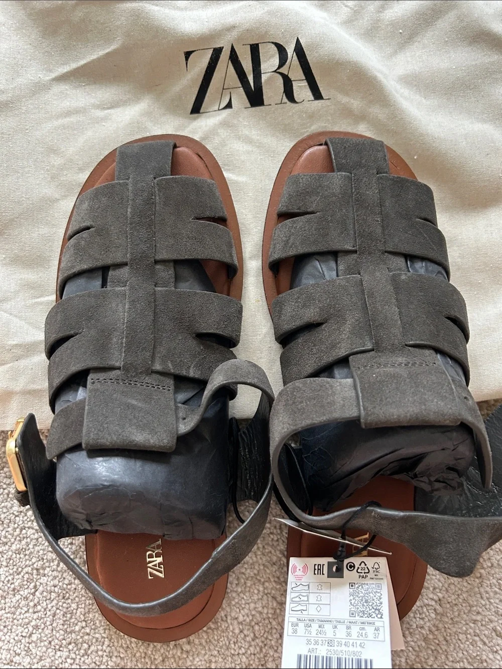 ZARA Dark Gray Suede Fisherman Sandals - Picture 1 of 7